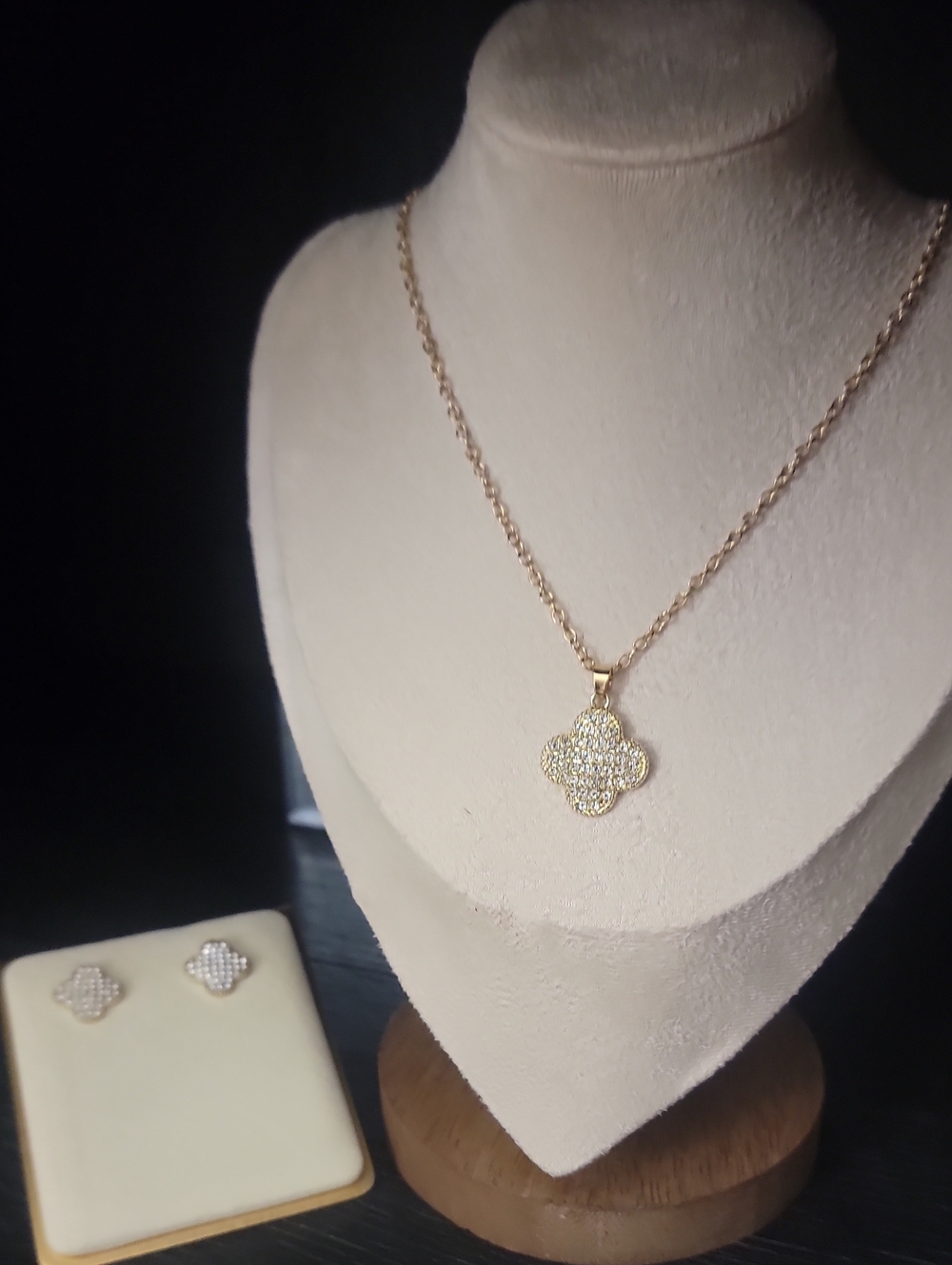Gold Clover Pave Pendant Necklace and Stud Earrings Set